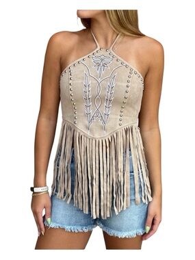 LUCKY & BLESSED Tan Faux Suede Halter Fringe Top